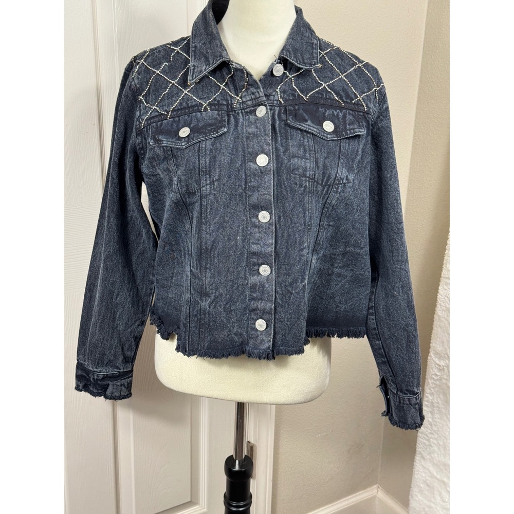 Thrill Jeans Women's 1X Denim Jacket Rhinestone Embellished Frayed Hem Cropped